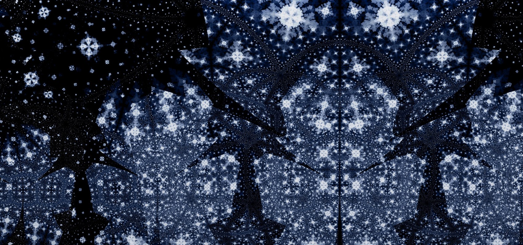 Detail of the fractal night sky artwork, showing recursive snowflake structures resolving into finer geometry.